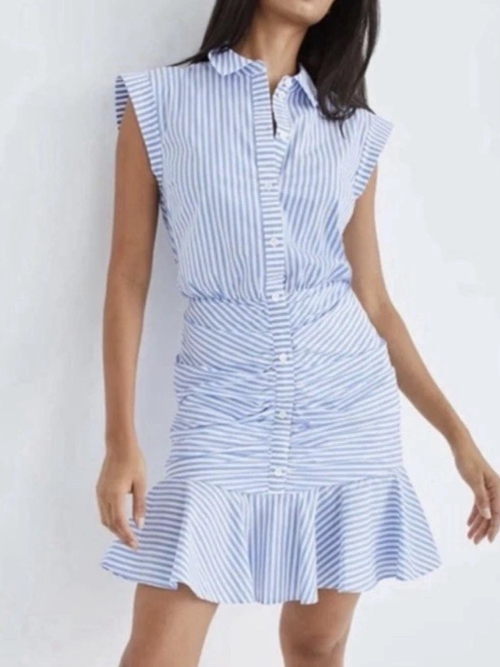 Veronica Beard Women’s 8 Blue White Stripe Ruched Ruffle Hem Shirt Dress*#26